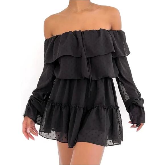 Rumored Black Off Shoulder Tiered‎ Ruffle Mini Dress Small Long Sleeve Senorita - Picture 1 of 3